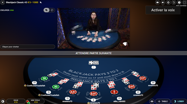 Blackjack jeux de table avec croupier en direct